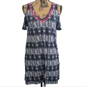 XS Anthro THML cold shoulder shift dress short sleeve embroidered v-neck pockets